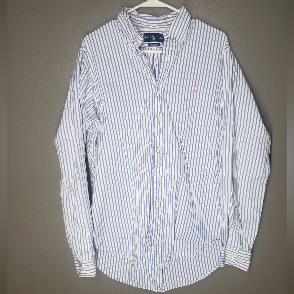 Ralph Lauren Men Blue White Striped Button Down Shirt Size Large/16 Classic Fit